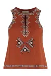 Isabel Marant Silk Top With Embroidered Geometric Pattern And Cut-out In Brown