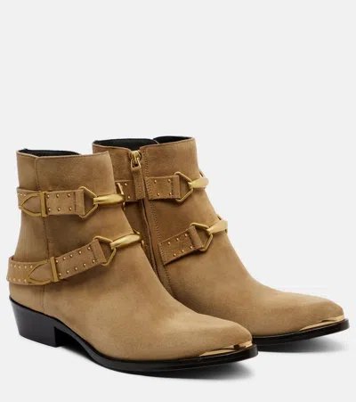 Isabel Marant Zalya Buckled Studded Suede Ankle Boots In Brown