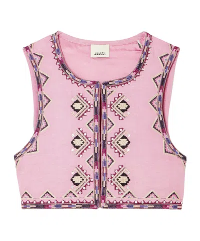 Isabel Marant Zaori Cropped Embellished Embroidered Silk-gauze Vest In Pink