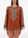 Isabel Marant Silk Top With Embroidered Geometric Pattern And Cut-out In Brown