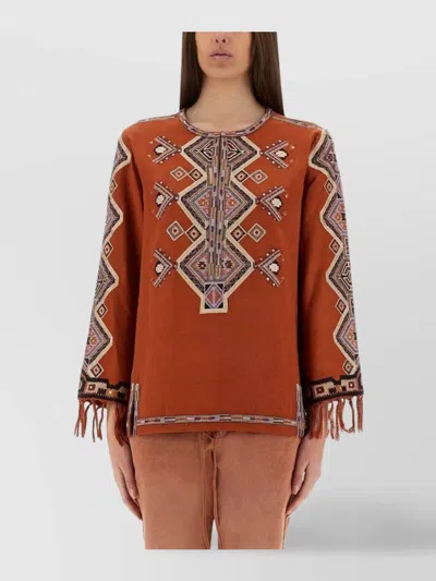 ISABEL MARANT "ZELDA" FRINGED GEOMETRIC EMBROIDERED TOP