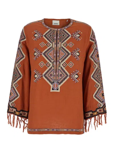 ISABEL MARANT ISABEL MARANT 'ZELDA' ORANGE BLOUSE WITH FRINGED CUFFS AND ALL-OVER BEADED EMBROIDERY IN SILK WOMAN