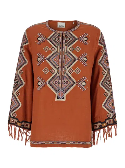 ISABEL MARANT 'ZELDA' ORANGE BLOUSE WITH FRINGED CUFFS AND ALL-OVER BEADED EMBROIDERY IN SILK WOMAN