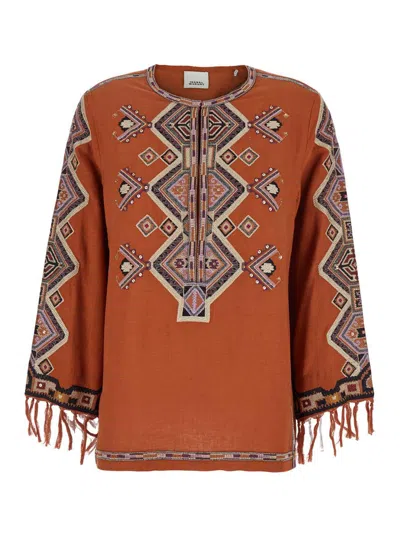 ISABEL MARANT 'ZELDA' ORANGE BLOUSE WITH FRINGED CUFFS AND ALL-OVER BEADED EMBROIDERY IN SILK WOMAN