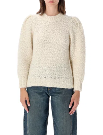 Isabel Marant -inspired Wool-blend Crewneck Sweater With Puff Sleeves In Beige