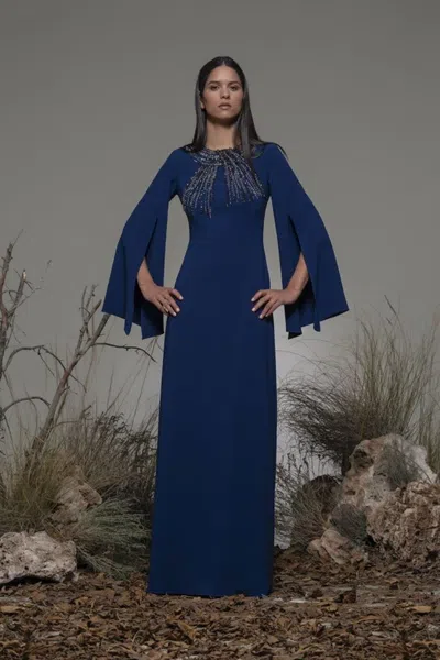 Isabel Sanchis Baradili Cape-sleeve Gown In Blue