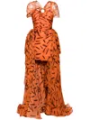 Isabel Sanchis Feather-print Draped Silk Gown In Orange