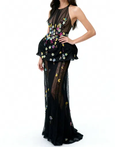 Isabel Sanchis Sheer Lace 3d Floral Embellishments Gown In Black
