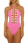 Isabella Rose Granny Squares Halter One-piece Swimsuit In Pink
