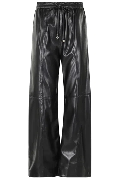 Isabelle Blanche Black Elastic Waistband Drawstring Faux Leather Wide-leg Pants