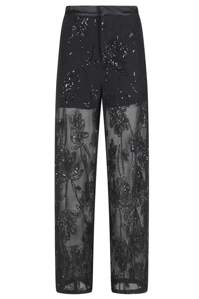 Isabelle Blanche Black Mesh Sequined Floral-embroidered Cotton Wide-leg Pants