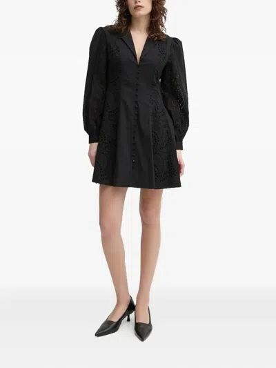 Isabelle Blanche Eyelet-embroidered Puff-sleeve Mini Dress In Black