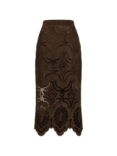 Isabelle Blanche Laser-cut Scalloped Midi Skirt In Brown