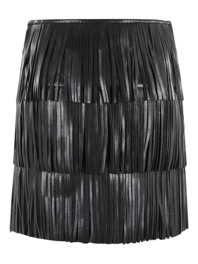 Isabelle Blanche Leather Fringe Skirt In Black