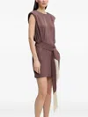 Isabelle Blanche Padded-shoulder Belted-waist Mini Dress In Brown