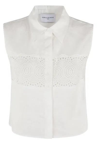 Isabelle Blanche Sleeveless Embroidered Linen Shirt With Classic Collar In White