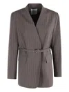 Isabelle Blanche Pinstripe Belted Jacket In Gray