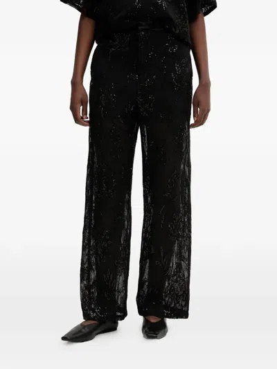 Isabelle Blanche Sequin-embellished Floral-embroidered Trousers In Black