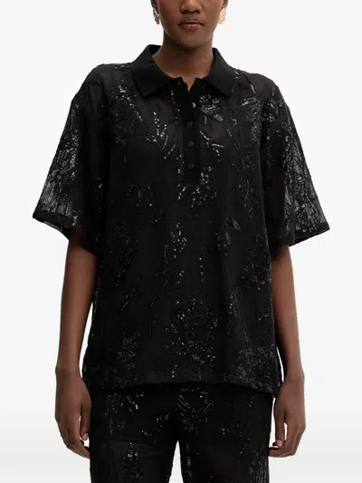 Isabelle Blanche Sequin-embellished Floral-lace Polo Shirt In Black