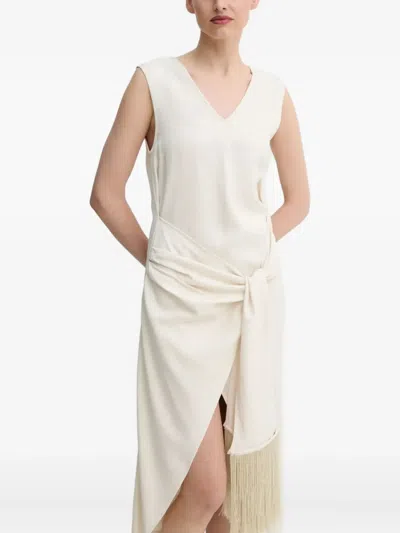 Isabelle Blanche Tie-front Fringed Dress In Neutral
