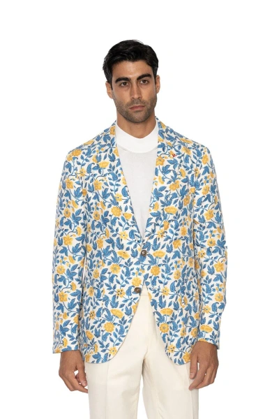 Pre-owned Isaia $5400  Napoli "pompei" Floral Blazer Sport Coat 100% Silk 42 Us / 52 Eu 8r In White / Blue / Yellow