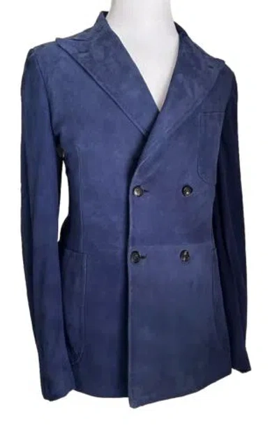 Pre-owned Isaia $5750  Men's Double Breasted Suede Blazer Navy 42 Us ( 52r Eu ) Italy In Blue