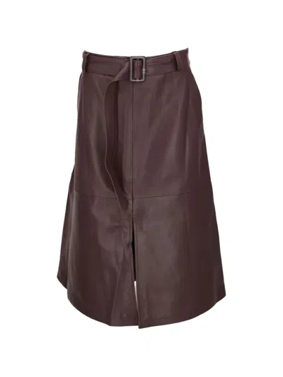 Isaia Belted Front-slit A-line Midi Skirt In Brown