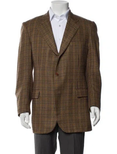 Pre-owned Isaia Cashmere Houndstooth Print Peacoat In Brown