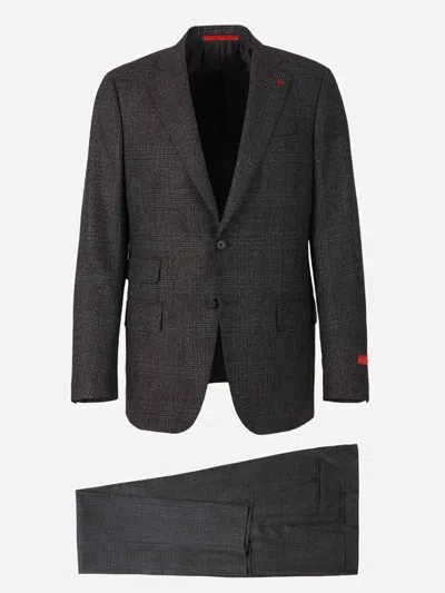 Isaia Check Motif Suit In Dark Grey And Light Blue