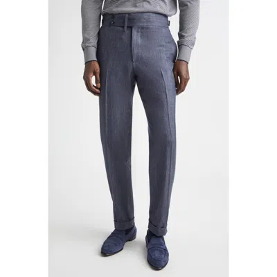 Isaia Denim Effect Stretch Wool, Silk & Linen Cuffed Pants In Blue