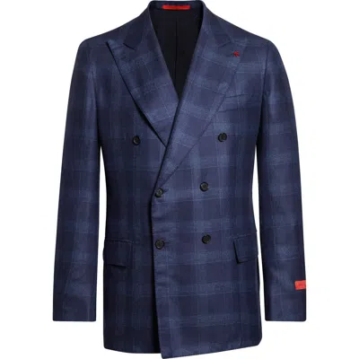 Isaia Double Breasted Cashsilk Jacket In Blue