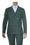 Isaia Double Breasted Double Windowpane Wool-silk-linen Suit In Green