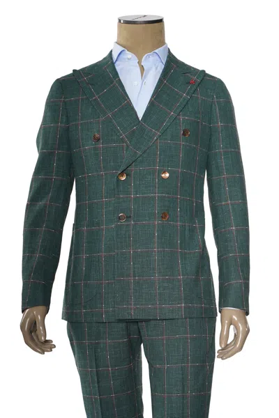 Isaia Double Breasted Double Windowpane Wool-silk-linen Suit In Green