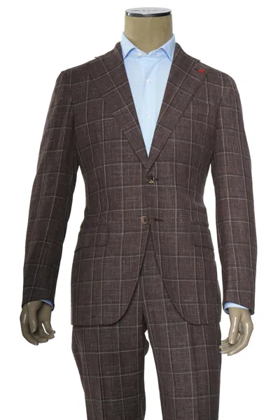 Isaia Double Windowpane Wool-silk-linen Suit In Brown