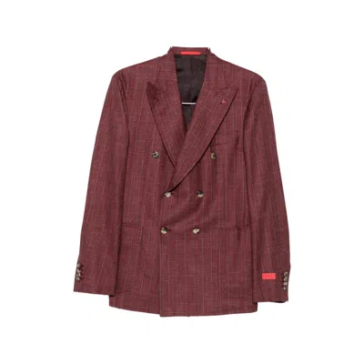 Isaia Double-breasted Pinstripe Suit In Red
