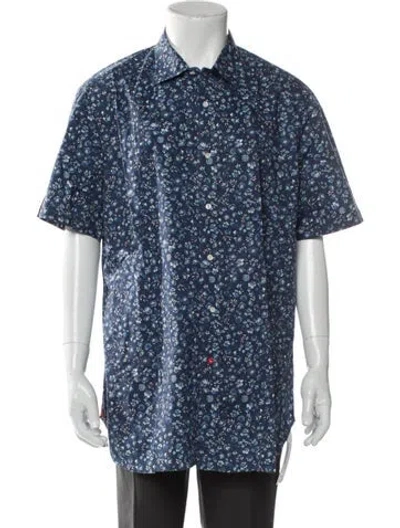Pre-owned Isaia Floral Print Short Sleeve Shirt In Blue