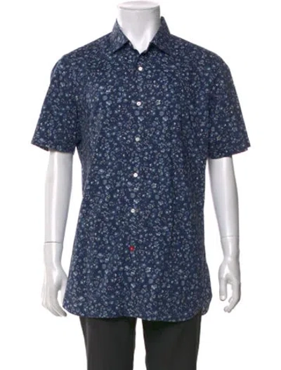 Pre-owned Isaia Floral Print Short Sleeve Shirt In Blue