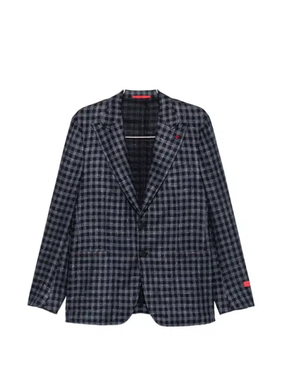 Isaia Gingham-check Notched-lapel Blazer In Black