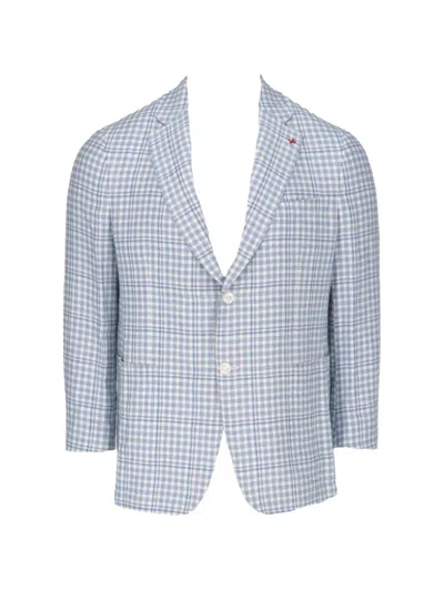 Isaia Gingham-check Single-breasted Blazer In Gray