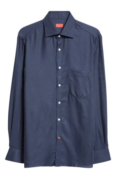 Isaia Houndstooth Check Wool Button-up Shirt In Medium Blue