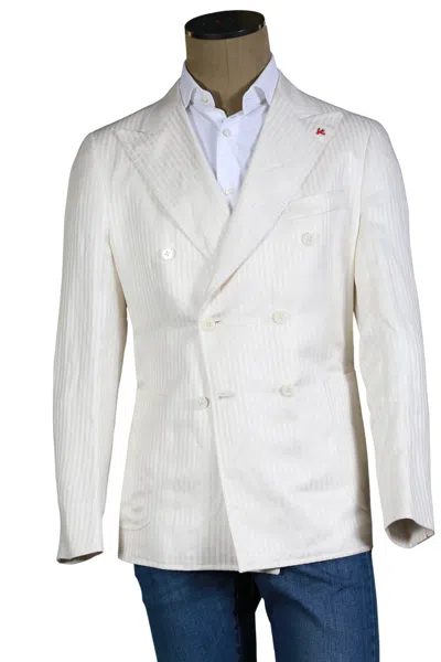 Isaia Ivory Striped Linen-silk Sport Jacket In Brown