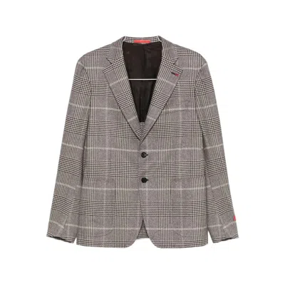 Isaia Checked Two-button Blazer In Gray