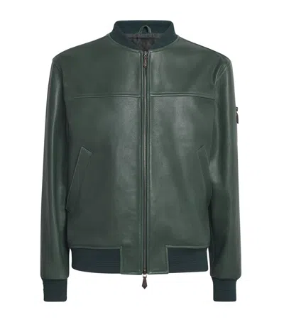 Isaia Lambskin Varsity Bomber Jacket In Green