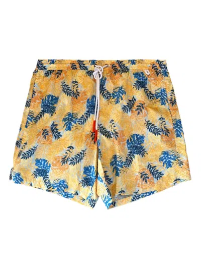 Isaia New Mens Yellow Blue Leaf Pattern Swim Trunk