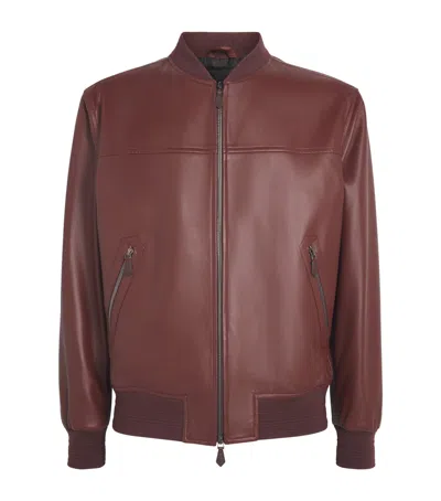 Isaia Leather Bomber Jacket In Brown