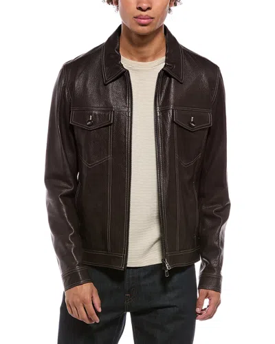Isaia Leather Jacket In Brown