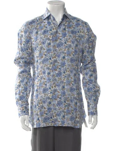 Pre-owned Isaia Linen Floral Print Shirt In Blue