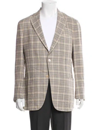 Pre-owned Isaia Linen Plaid Print Blazer In Brown