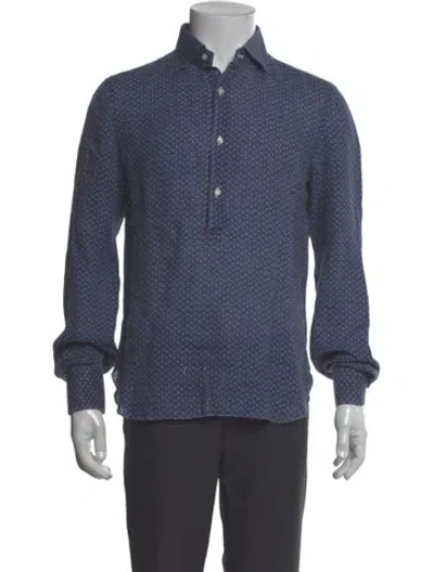 Pre-owned Isaia Linen Polka Dot Print Polo Shirt In Blue