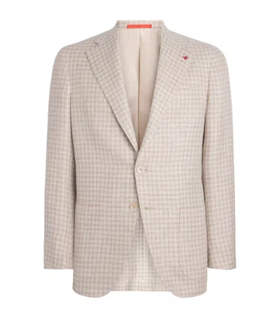 Isaia Linen-wool-silk Check Blazer In Gray